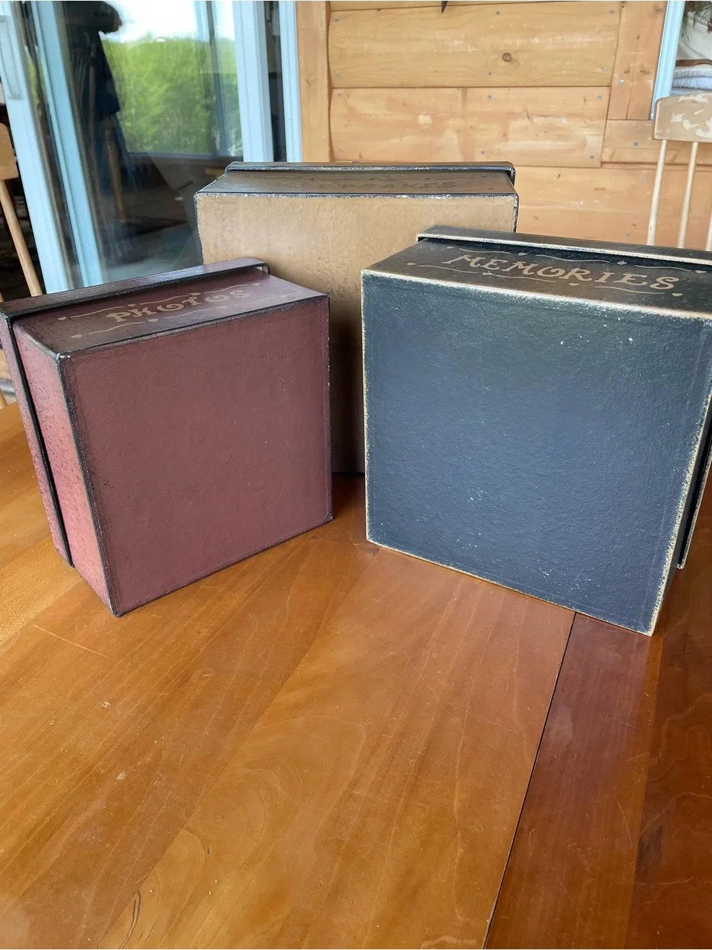 Primitive Stacking & Nesting Decorative Storage Boxes Burgundy Black Tan